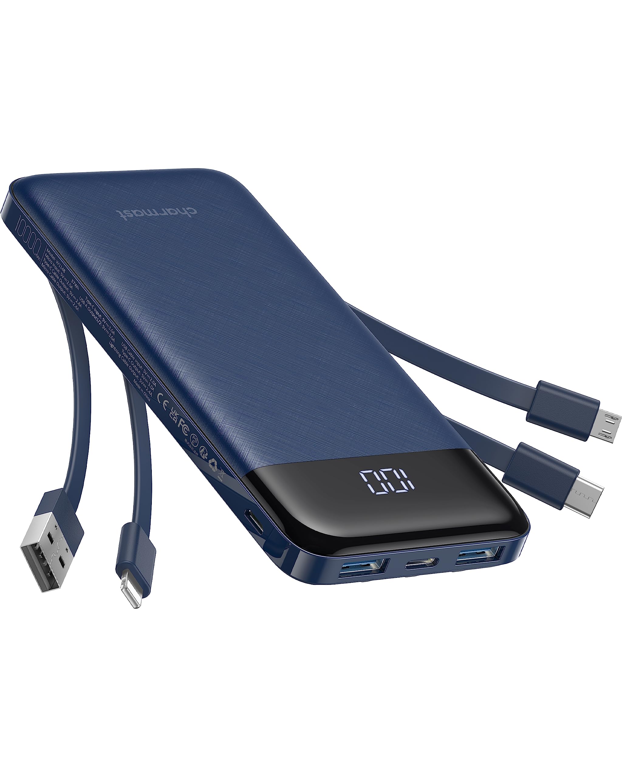 Slim 10000mAh Portable Charger with Built-In Cables (6 Outputs)
