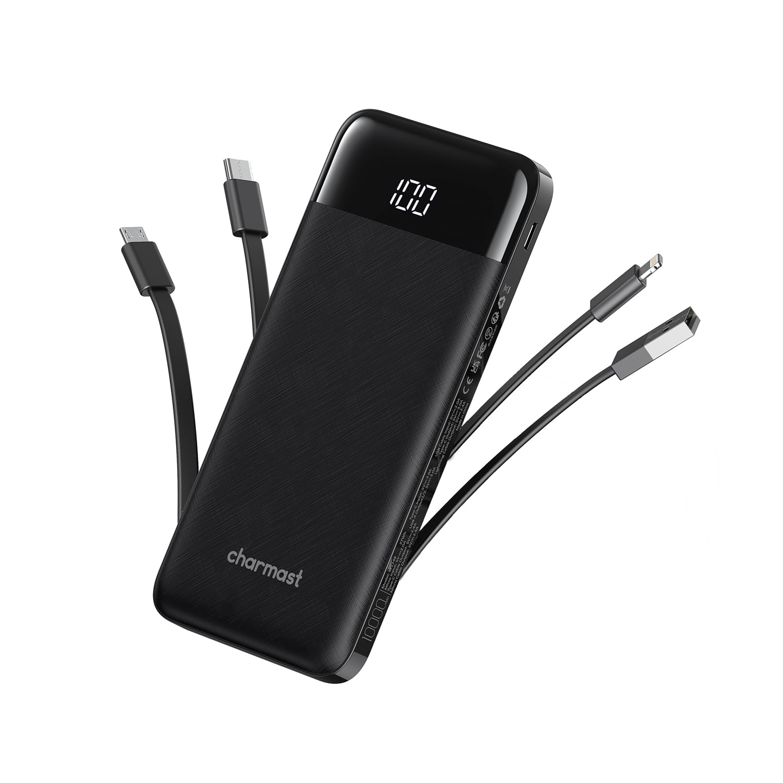 Slim 10000mAh Portable Charger with Built-In Cables (6 Outputs)
