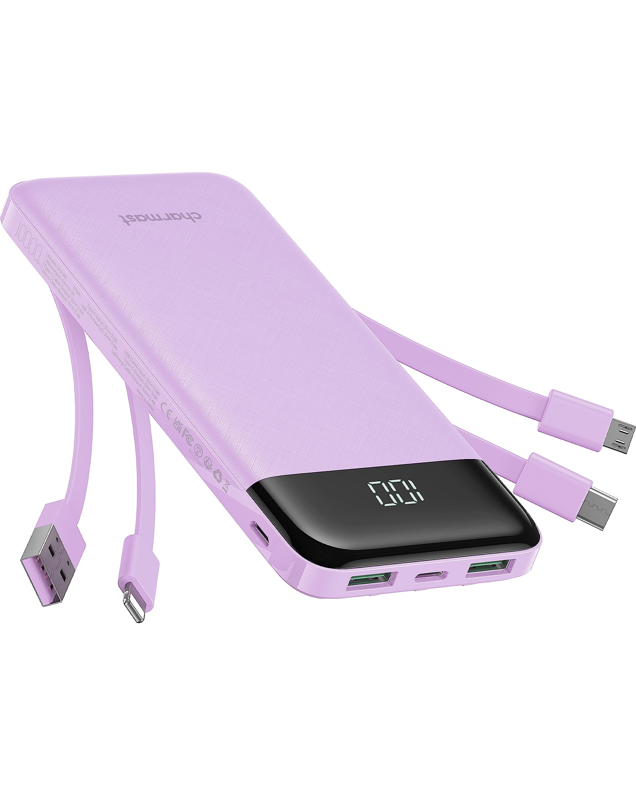 Slim 10000mAh Portable Charger with Built-In Cables (6 Outputs)