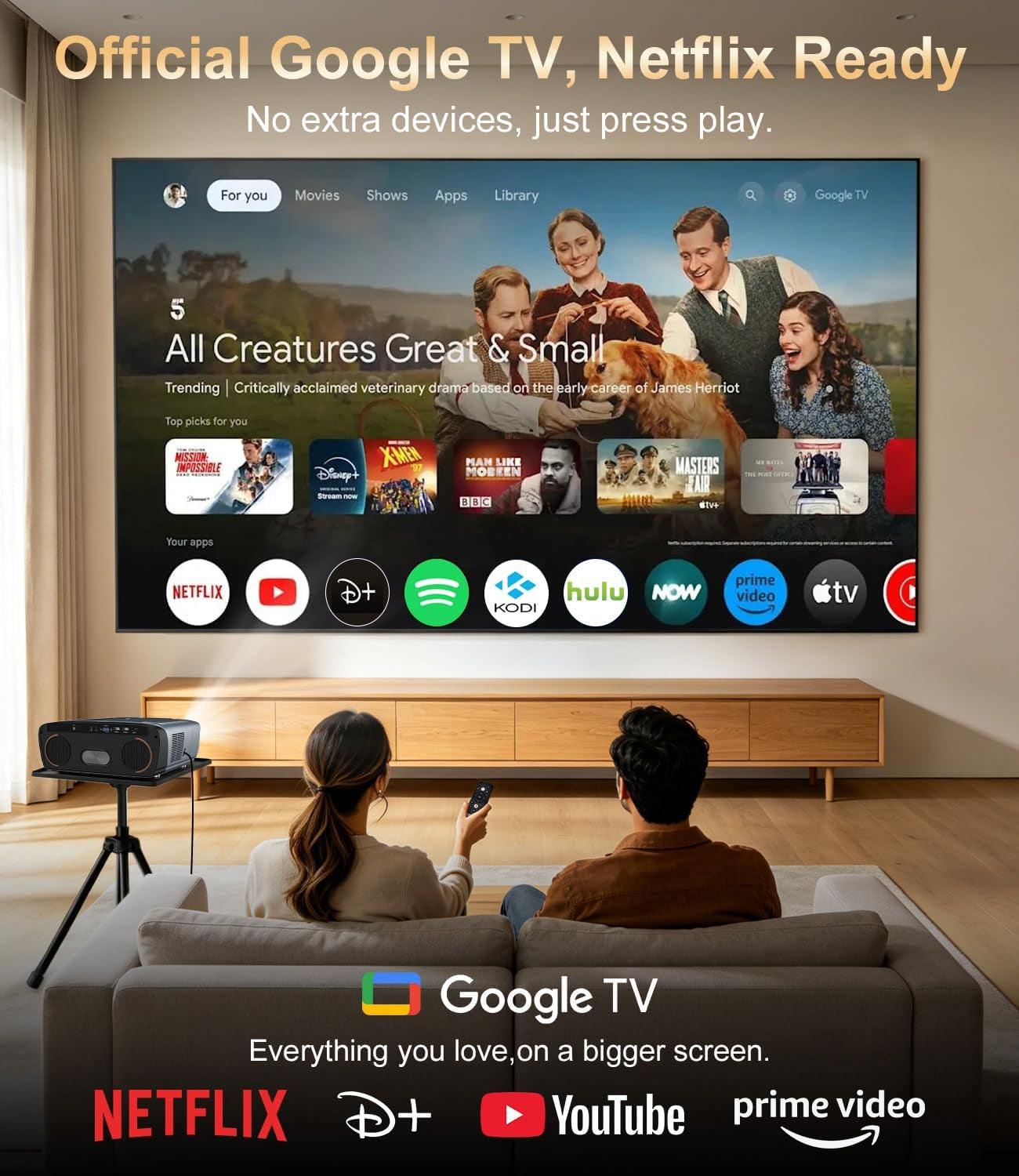2550 ANSI High Lumens Projector 4K UHD Smart Google TV for Indoor/Outdoor | 35W×2 Speakers Doiby Audio, Tof + CMOS Auto Focus, Shorter Throw, HDMI ARC, Wifi6 Bluetooth, Nfc/Voice Control, Home Theater