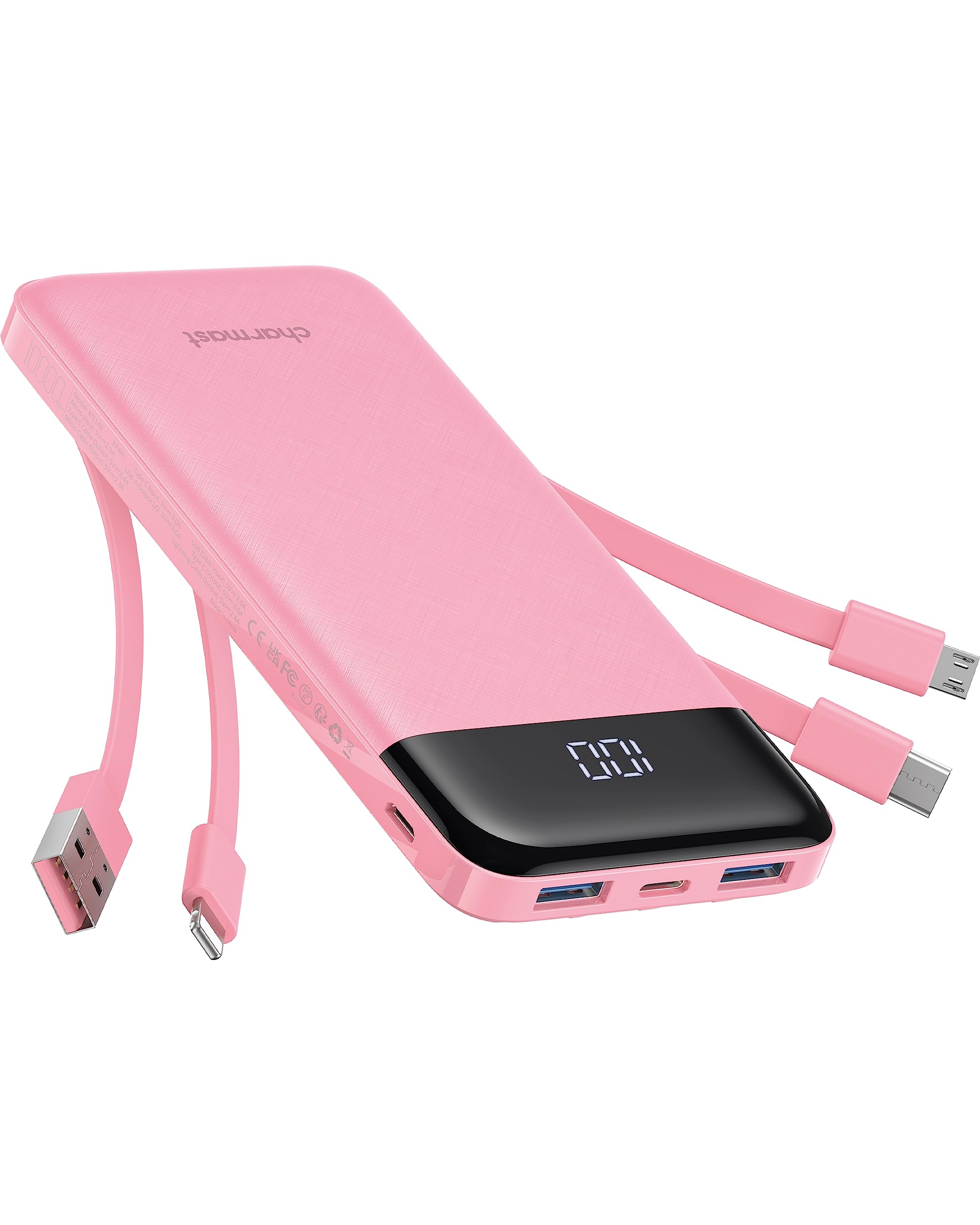 Slim 10000mAh Portable Charger with Built-In Cables (6 Outputs)