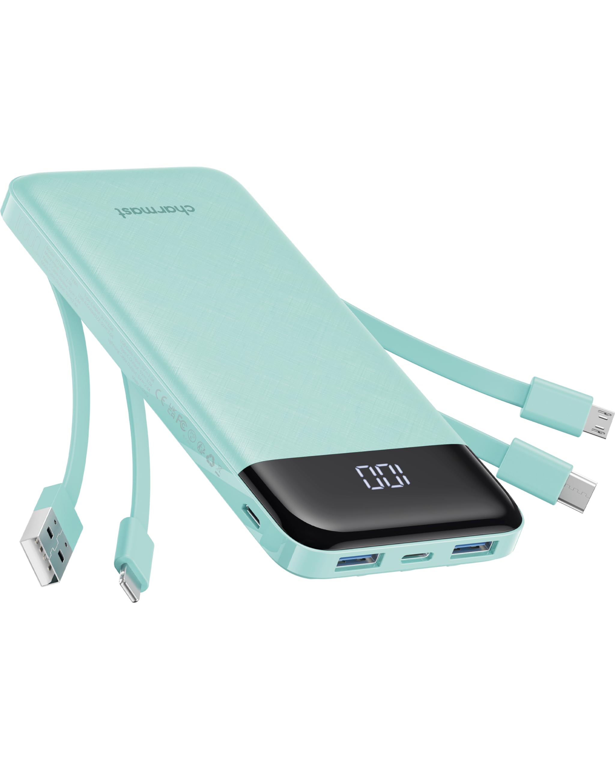 Slim 10000mAh Portable Charger with Built-In Cables (6 Outputs)